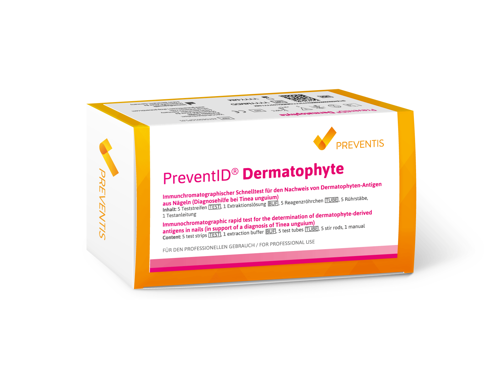 Verpackung des Schnelltests PreventID Dermatophyte zum Nachweis von Nagelpilz als Diagnosehilfe bei Tinea unguium.