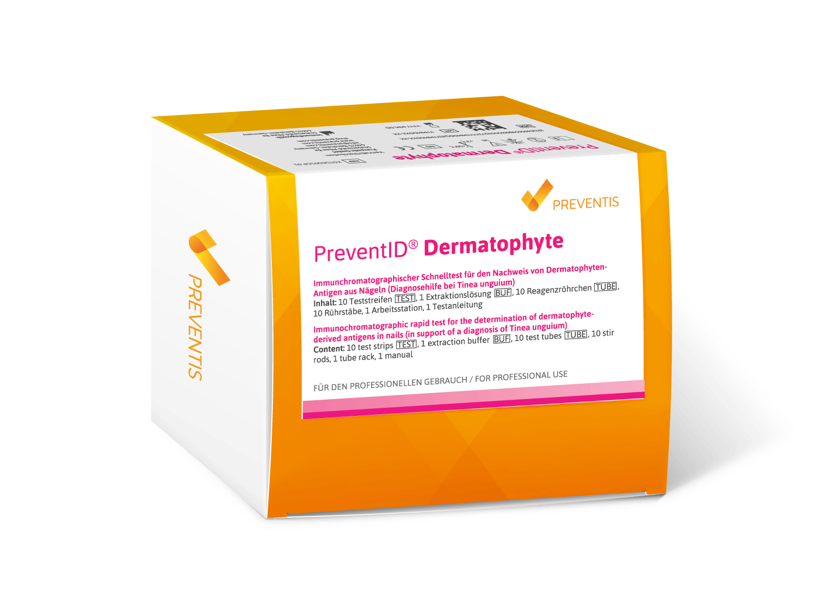 Verpackung des Schnelltests PreventID Dermatophyte zum Nachweis von Nagelpilz als Diagnosehilfe bei Tinea unguium.