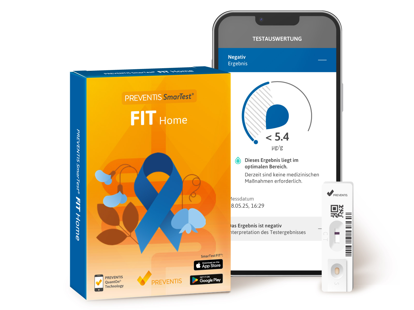 Verpackung des Selbsttests SmarTest FIT zur Darmkrebsvorsorge, daneben ein Smartphone mit Testergebnis auf dem Bildschirm und eine Schnelltestkassette.